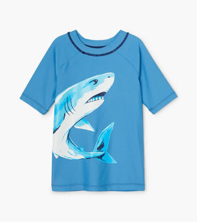 Front view of Hatley Deep Sea Shark blue rashguard with large white and turquoise shark graphic