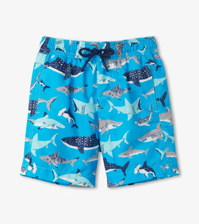 Front view of Hatley Deep Sea Sharks blue swim trunks with navy drawcord