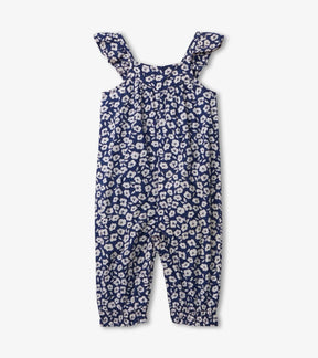Hatley baby girls navy full-length romper with white floral print and ruffled straps, front view
