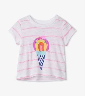 Hatley Delightful Cone white baby tee with pink stripes and colorful ice cream graphic, front view
