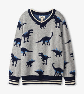 Front of Hatley Dino Herd grey V-neck sweater with navy and blue dinosaurs and navy-and-cream striped trim.