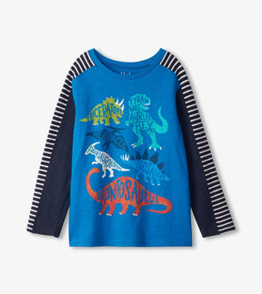 Front of Hatley blue Dino Names boys' tee with colorful dinosaur lettering and striped sleeve panels