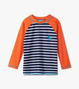 Front view of Hatley boys long sleeve dino rash guard navy stripe with orange sleeves