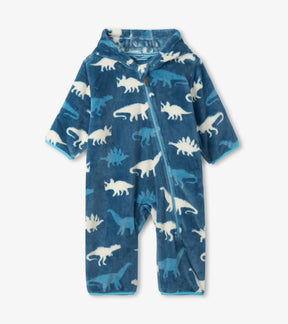 Hatley blue fuzzy fleece baby bundler with white and aqua dinosaur silhouettes, hood and zipper