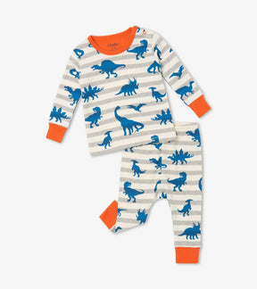 Front view of Hatley Dino Silhouettes baby pajama set with blue dinosaurs, gray stripes and orange cuffs.