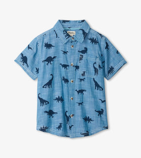 Hatley boys blue short-sleeve button-down with navy dinosaur print and chest pocket, front view