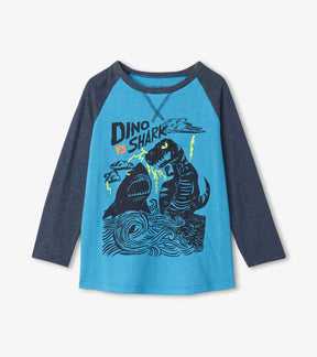 Hatley boys Dino vs Shark raglan tee with contrast sleeves, front product view