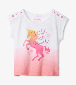 Hatley white-to-pink dip-dye girls tee with unicorn and Wild at Heart graphic, front view