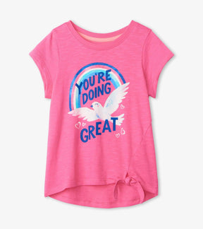 Hatley girls bright-pink Doing Great tee with rainbow bird graphic and front hem tie, front view