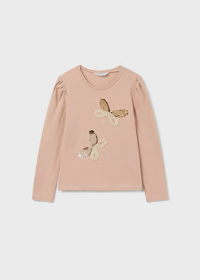 Front view of beige girls T-shirt with two sequin dragonflies