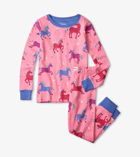 Hatley Dreamy Horses pink pajama top and pants with blue, purple and pink horses, shooting stars and blue cuffs.