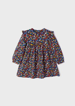 Front view of navy baby girls dress with multicolour letters and shapes