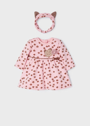 Pink floral baby dress with cat appliqué and matching headband