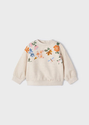 Front view of Lino oatmeal Mayoral sweatshirt with colourful garden motif