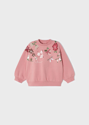 Front view of Rubor pink Mayoral sweatshirt with flowers and dragonflies