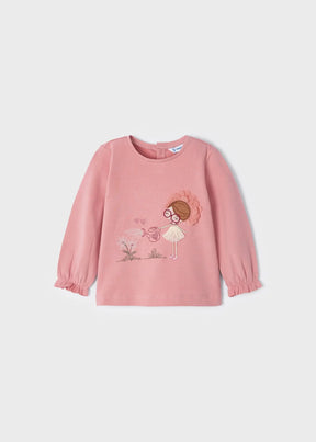 Front view of dusty pink Mayoral baby top with embroidered girl and flower