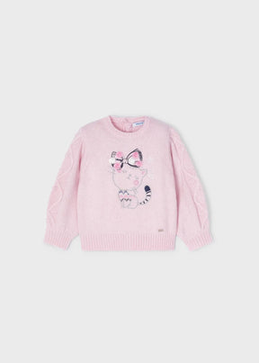 Front view of pink baby sweater with embroidered cat and bows