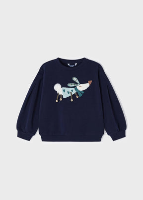 Front view of navy girls sweatshirt with winter dog appliqué