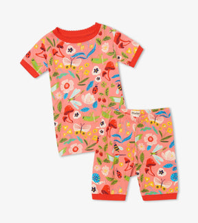 Hatley girls coral Enchanted Garden short pajama set with colorful flowers, birds and butterflies