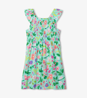 Front view of Hatley Enchanted Garden smocked dress in mint with flowers and butterflies