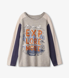 Front of Hatley Explore More gray boys' tee with orange lettering and navy and cream sleeve panels