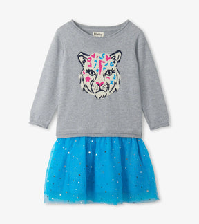Hatley Fab Cheetah grey drop-waist dress with turquoise star tulle skirt, front view