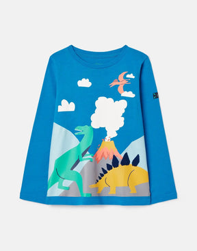 Joules Finlay Blue Dinosaur Volcano T-Shirt: front view with dinosaurs and volcano