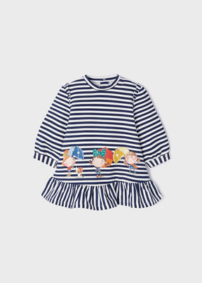Front view of navy and white striped Mayoral baby dress with character graphic