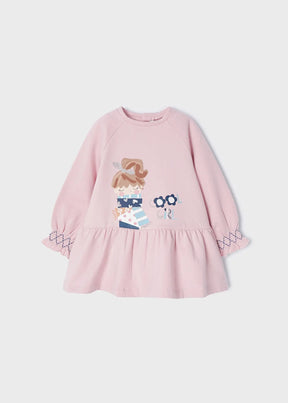 Front view of pink Mayoral baby dress with character graphic