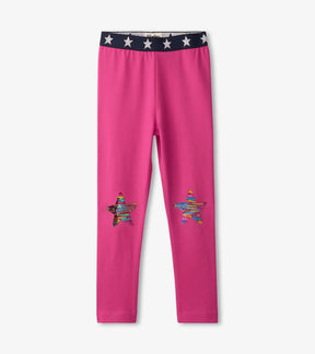 Hatley bright pink leggings front with colorful sequin stars at the knees and a dark silver-star waistband