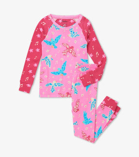 Hatley Floral Birds girls pajama set, front view with pink bird print, floral details, contrast raglan sleeves and matching pants.