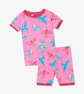 Hatley Floral Birds pink short pajama top and shorts with colorful bird print, front view