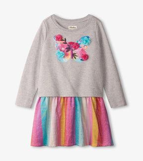 Hatley Floral Butterfly dress front with gray long-sleeve upper, raised flowers and rainbow-striped metallic skirt