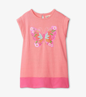 Front view of Hatley coral pink dress with large embroidered floral butterfly