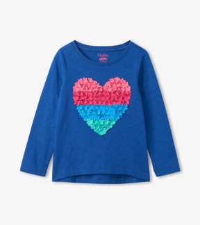 Hatley girls royal blue long-sleeve tee with layered pink blue and green floral heart, front view