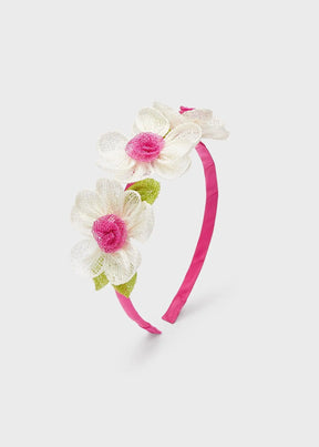 Pink Mayoral girls hairband with ivory flowers, angled front view