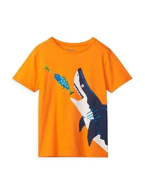 Hatley boys bright orange tee with large shark and small-fish Food Chain graphic, front view