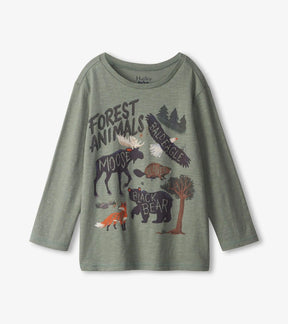 Front of Hatley olive green Forest Animals boys' tee with woodland animal graphics and lettering