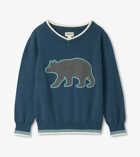 Hatley dark blue Forest Bear sweater with bear motif and striped rib cuffs, front view
