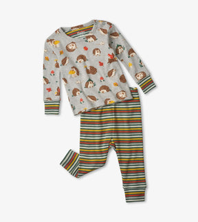 Hatley Forest Creatures baby pajama set with gray hedgehog top and multicolor striped pants