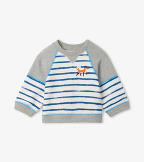 Hatley baby boys striped pullover with grey raglan sleeves and small orange fox, front view