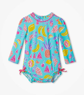 Front view of Hatley Fresh Fruits aqua baby rashguard with ruffle legs and pink bows