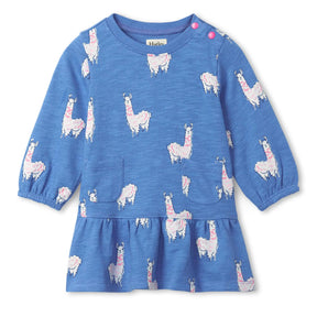 Hatley blue baby girls dress with alpaca print and patch pockets, front view