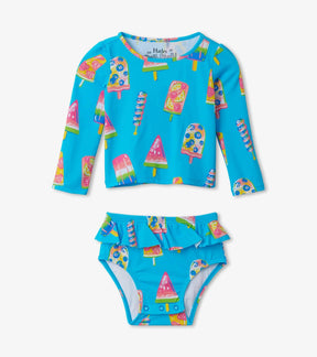 Front view of Hatley Fruity Pops baby rashguard set with aqua top and ruffled bottoms