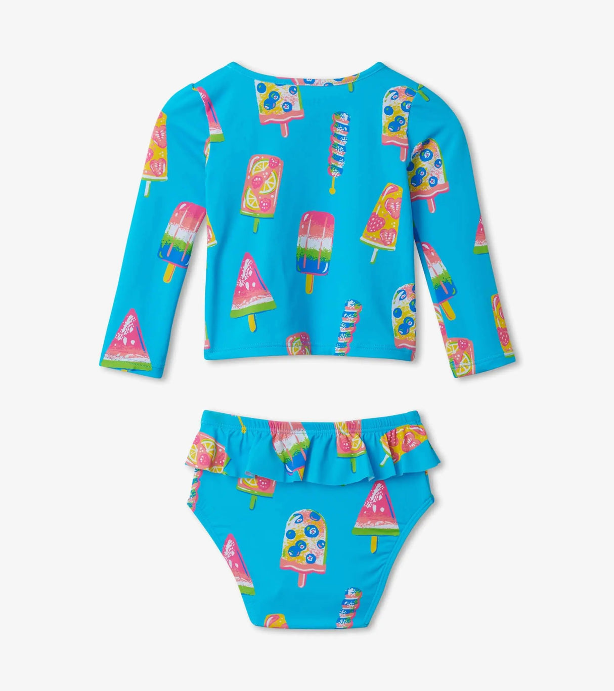 Back view of Hatley Fruity Pops baby rashguard set with matching ruffle swim bottom
