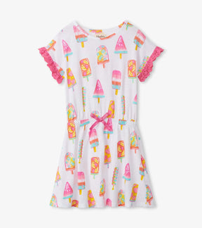Hatley white Fruity Pops cinched waist dress with pink eyelet sleeves, front view