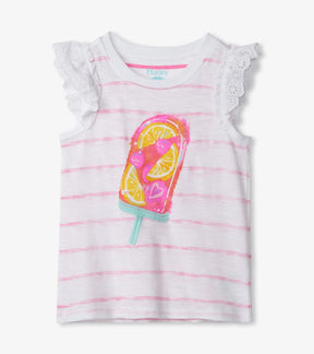 Hatley Fruity Pops striped tank with eyelet shoulder ruffles, front view