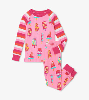 Hatley Fruity Pops girls pajama set, front view with pink popsicle print, striped raglan sleeves and matching cuffed pants.