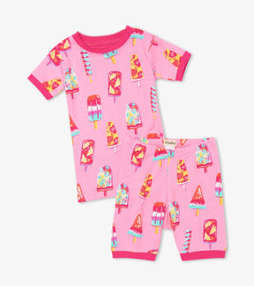 Front view of Hatley Fruity Pops short pajamas in pink with colorful ice pop print, hot pink trim and matching shorts.