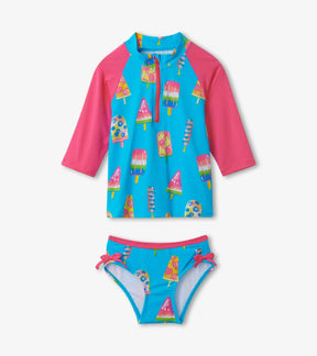 Front view of Hatley Fruity Pops blue and pink rashguard top with matching swim bottom